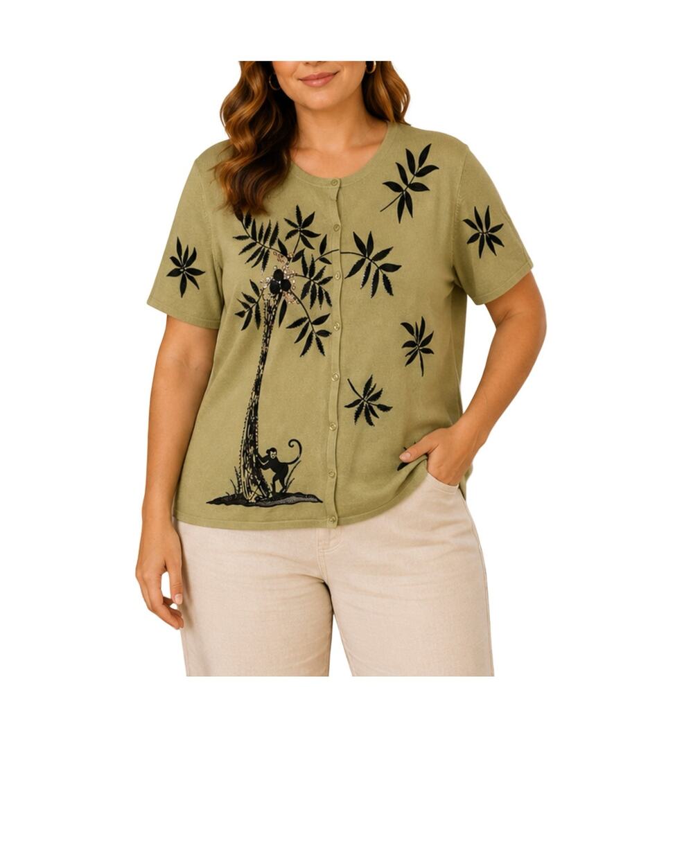 Vintage CST Top Womens Size 1X Short Sleeve Sweater Green Buttons Monkey Sequins